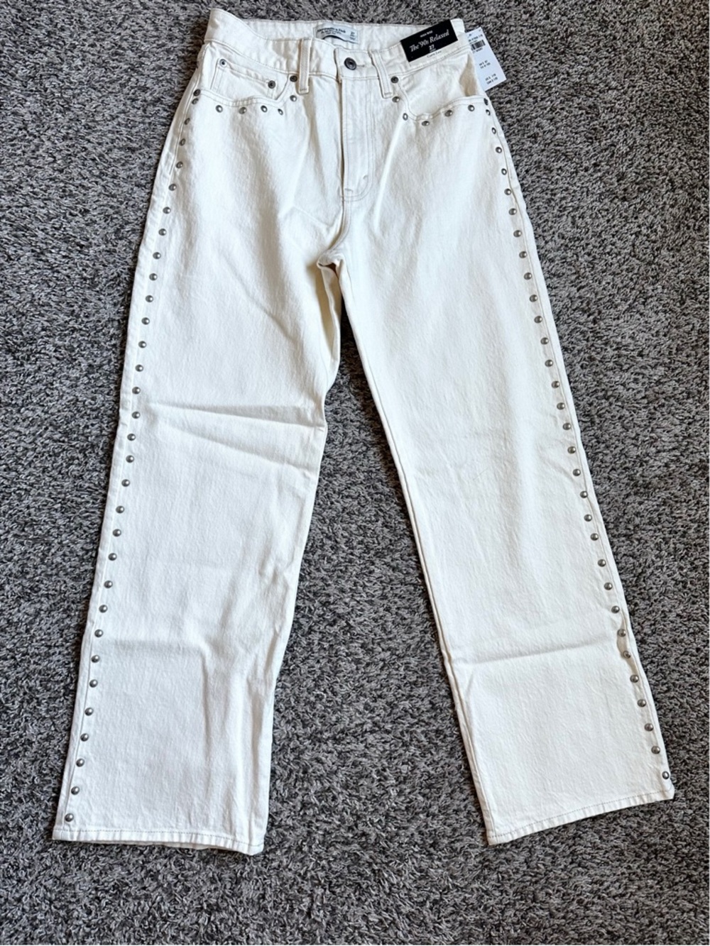 Abercrombie & Fitch White Curve Love High-Rise Studded Straight Jeans